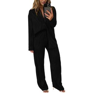 PRETTYGARDEN Women's 2 Piece Sets 2026 Fall Casual Textured Button Down Shirt Wide Leg Pants Outfits Loungewear Tracksuit (Medium, Black)