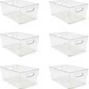 6 Pack Thick Clear Stackable Storage Bins, Cabinet Organizer, Plastiic Containers with Handle for Kitchens, Bathrooms and Fridge and Desktop