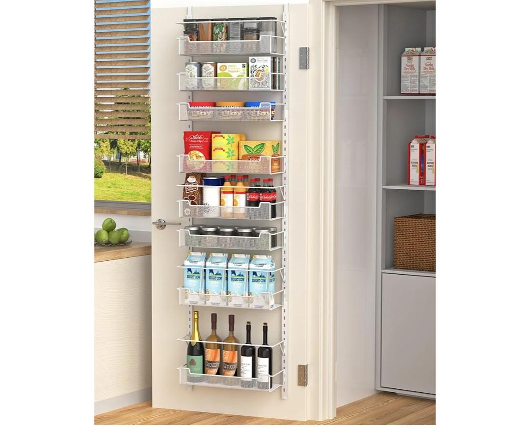 Over the Door Pantry Organizer, 8-Tier Over the Door Organizer with Adjustable Basket, Pantry Door Organization for Pantry Kitchen Storage Room Spice Rack, White