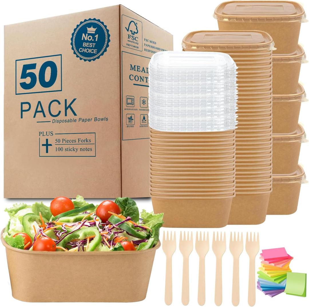 MINCOCO 50 Count Paper Bowls Disposable Meal Prep Containers with LidsIncludes 50 Wooden Forks + 100 Labels Salad Food Containers Freezer & Microwave Safe Leakproof Soup Bowls (19 Ounce, 50-Count)