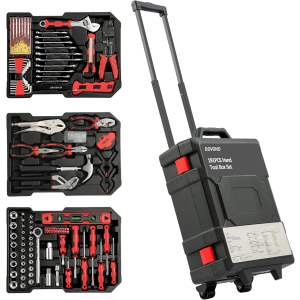 BOVONO 191 PCS Tool Set with Rolling Tool Box, Household Tool Kit with Plastic Trolley Case, Repair Mechanic Tool Sets Portable Hand Tool Set with Hammer Wrench for Home Men (Black)