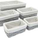 5 Pack Wicker Nesting Baskets with Cloth Lining for Pantry Shelves, Rectangular Storage Bins for Organizing Closet (Gray, 3 Sizes)