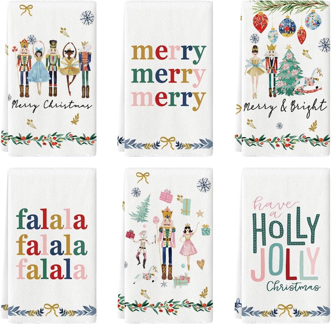 Artoid Mode Nutcracker Xmas Tree Holly Ornament Motto Merry Christmas Kitchen Towels Dish Towels, 18x26 Inch Farmhouse Decoration Hand Towels Set of 6