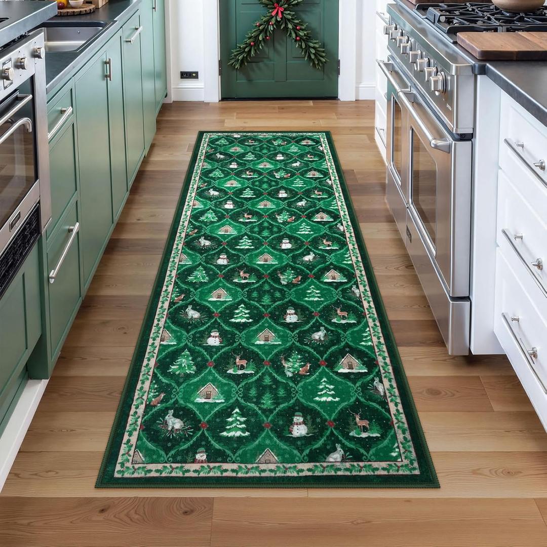 Christmas Non Slip Rugs, 2x6 Washable Kitchen Bathroom Entryway Laundry Decor, Green Xmas Carpet Runner Rugs for Hallways Bedroom with Rubber Backing