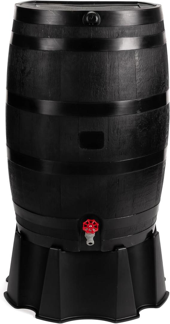 RTS Home Accents 50-Gallon ECO Rain Barrel Made with 100% Recycled Plastic, Flat Back Rain Water Collection Barrel, Stand Included, Black