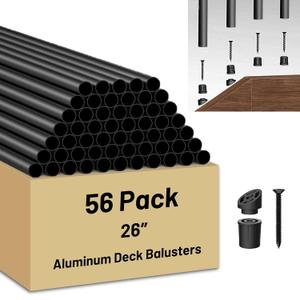 56 Pack 26 inch Aluminum Balusters for Deck Railing,Black Round Metal Spindles for Staircase,3/4" Diameter Hollow Deck Ballasters with Screws and Connectors for Railing Fencing Porch Stair Spindles