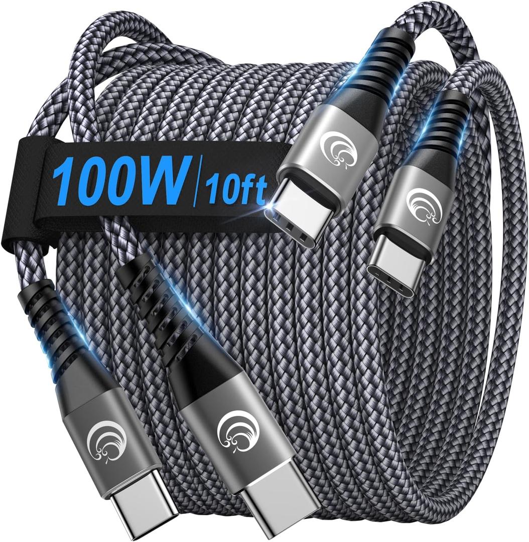 USBC to USBC 100W [10ft/2 Pack] USB C to USB C Fast Charging Cable Braided C to C Charger Cord for MacBook Pro/Air, iPhone 16 15 Pro Max Plus,iPad Pro,Samsung Galaxy S25 Ultra S24 S23,Pixel,PS5,Switch (Grey)