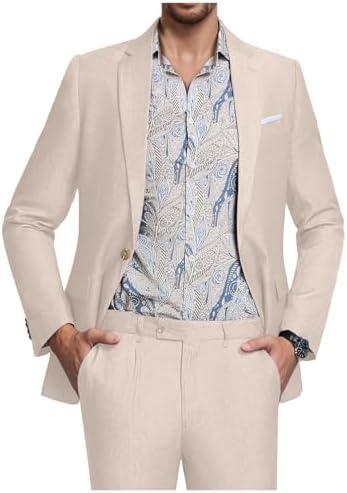 Men's Suit Tencel Linen Two Piece Slim Fit Summer Grooms Wedding Prom Dress Tuxedo Suits for Men Blazer Pants Set, Large 