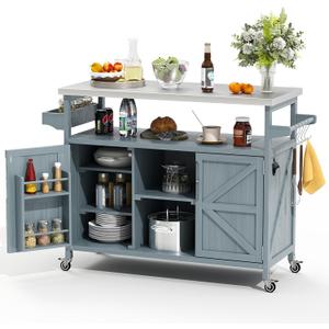 Outdoor Grill Cart, Stainless Steel Tabletop Outdoor Kitchen Island, Solid Wood Outdoor Buffet Cabinet with Lockable Wheels for Grilling, Gray-Blue Outdoor Grill Cart, Stainless Steel Tabletop Outdoor Kitchen Island, Solid Wood Outdoor Buffet Cabinet with Lockable Wheels for Grilling, Gray-Blue
