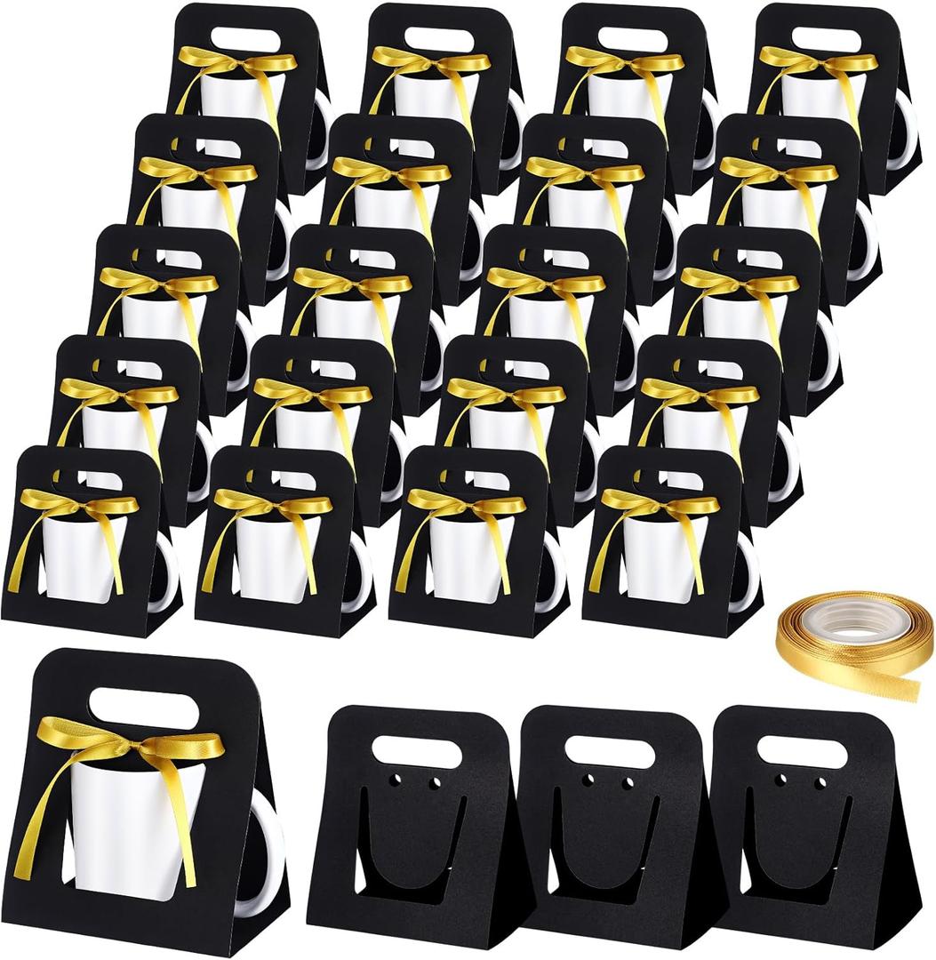 Motipuns 24 Pack Mug Boxes for Gifts 11 oz Coffee Mug Gift Boxes with 1 Roll Ribbon Sublimation Cups Packaging Bags for Sublimation Coffee Cups Blanks Wrapping(Black)