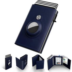 typecase Mens Wallet Card Holder for AirTag: Leather Smart Wallet for Men Compatible with Apple Air Tag, RFID Blocking, Slim, Minimalist - 9-14 Card Capacity | ID Window | Cash Slot (Navy) (Blue)