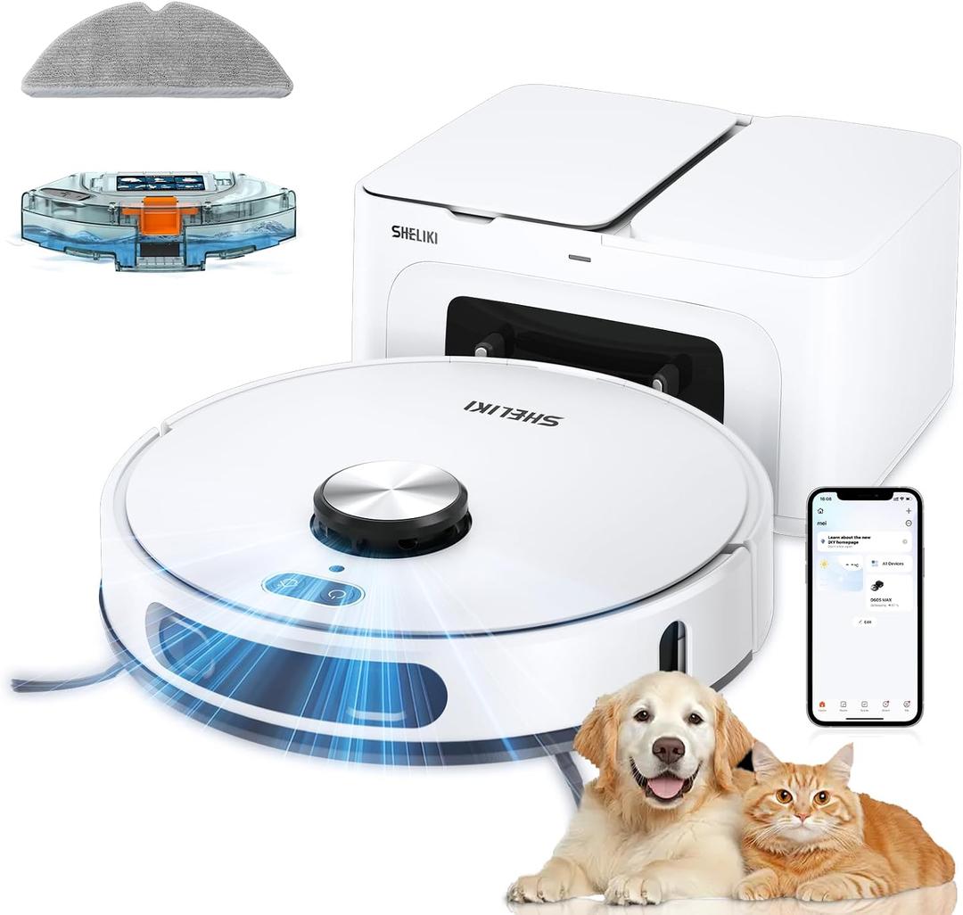SHELIKI Robot Vacuum and Mop, 3-in-1 Robotic Vacuums Cleaner with LiDAR Navigation Smart Mapping & Max Strong 6000Pa Suction, Self Emptying Bases for 70 Days-White