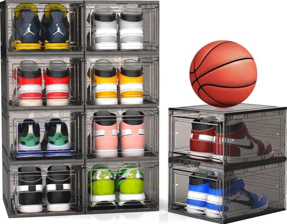 Mitees 10 Pack XX Large Thicken Sturdy Hard Plastic Clear Stackable Shoe Storage Boxes for Size 12, Sneaker Shoe Rack Containers Holders Bins Display Case Organizer for Closet, Grey