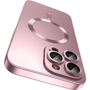 Magnetic for iPhone 15 Pro Case [Compatible with MagSafe][Built-in Camera Lens Protector] Slim Soft Silicone Bumper Shockproof Metallic Shine Phone Case (Rose Gold)
