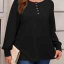 Beautife Womens Plus Size Henley Shirts Puff Long Sleeve Button Up Curvy Tops Loose Fit Casual Fall Blouse (Black, L)
