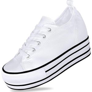Women's Platform Sneakers 3 Inches Height Boost Canvas Hidden Heel Wedge Sneakers, Casual Height Increase Fashion Shoes for Women and Girls, White US 6