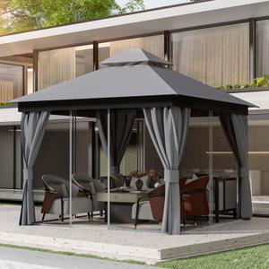 Outdoor Gazebo for Patio 10'x10' - Heavy Duty Steel Frame Canopy Party Tent Shelter with Double Roofs, Mosquito Net and Privacy Curtains for Backyard Garden Lawn (Dark Gray, 10x10)