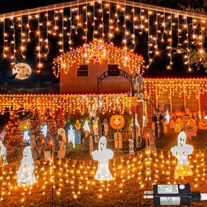 Orange Halloween Lights Outdoor Indoor, 66ft Icicle Lights for Outside, 640 LED Twinkle String Lights with 120 Drops Clear Wire Short Curtain Lights for Room Home Wall Bedroom Decor