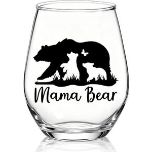 XQLZY Mama Bear Stemless Wine Glass, Funny Mama Bear with Cubs Wine Glass Gifts for Best Mom of Boys Girls, Christmas Birthday Thanksgiving Mothers Day Gifts for Women Family Mammy New Mom