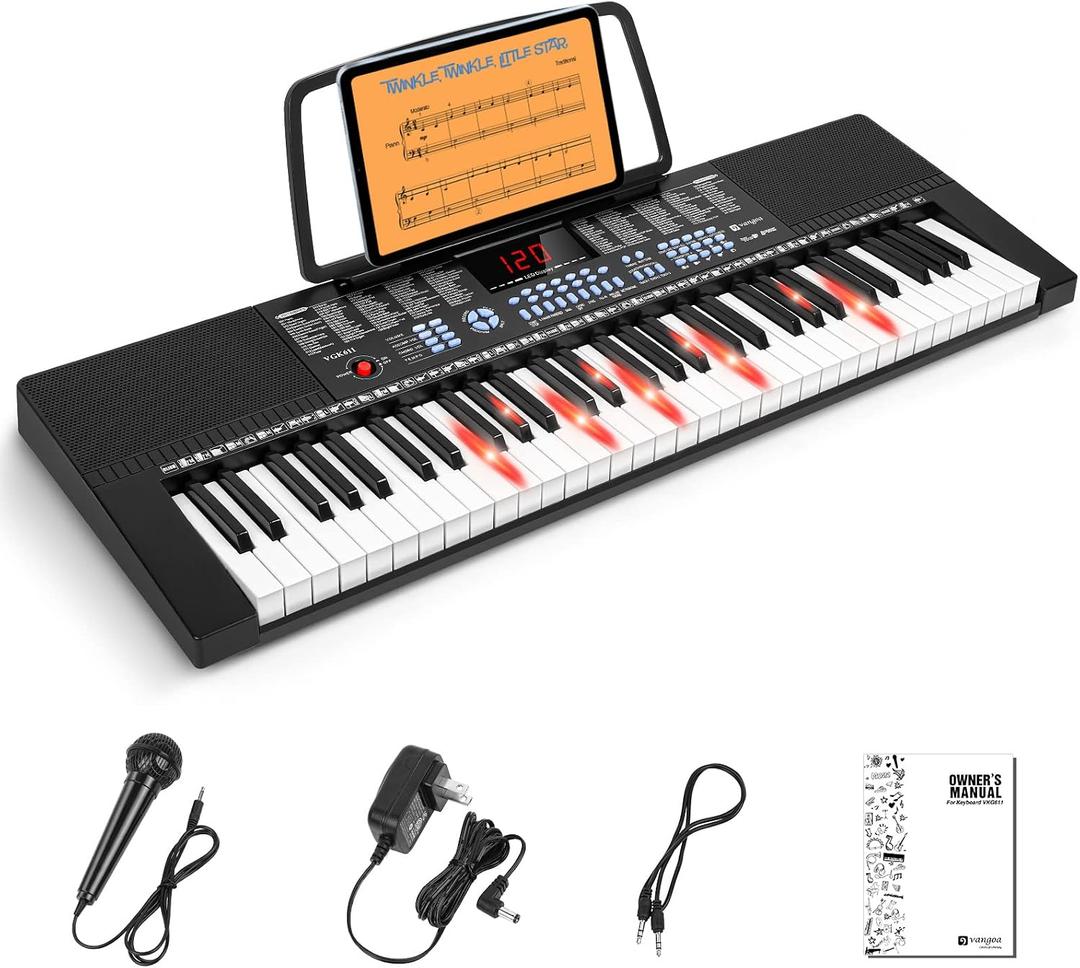 Vangoa 61-Key Light-Up Keyboard Piano for Beginners, 350 Tones & Timbres, 3 Teaching Modes, With Microphone, Black