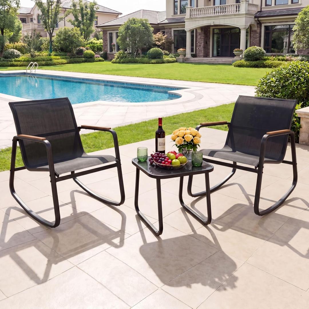 YITAHOME 3 Piece Outdoor Rocking Bistro Set, Textilene Patio Furniture Set with Wooden Armrests, Porch Chairs Set with Glass Table for Garden, Lawn, Poolside, Balcony, Dark Gray