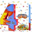 Blue Racing Cars Themed Birthday Decorations, Racing Cars Themed Number 4 Pinata with Stick Blindfold and Confetti Fire Race Car Checkered Flag Themed 4th Birthday Party Supplies (Fire Race Car 4th)