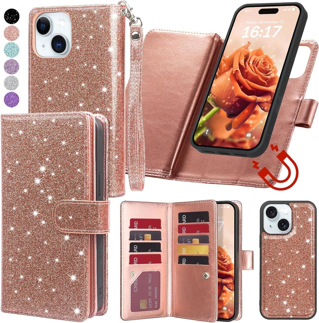 Varikke for iPhone 13 Wallet Case Detachable with 9-Card Holder for Women, Fashion Glitter PU Leather Wrist Strap Strong Magnetic Flip Wallet Removable Phone Case Cover for iPhone 13 6.1", Rose Gold