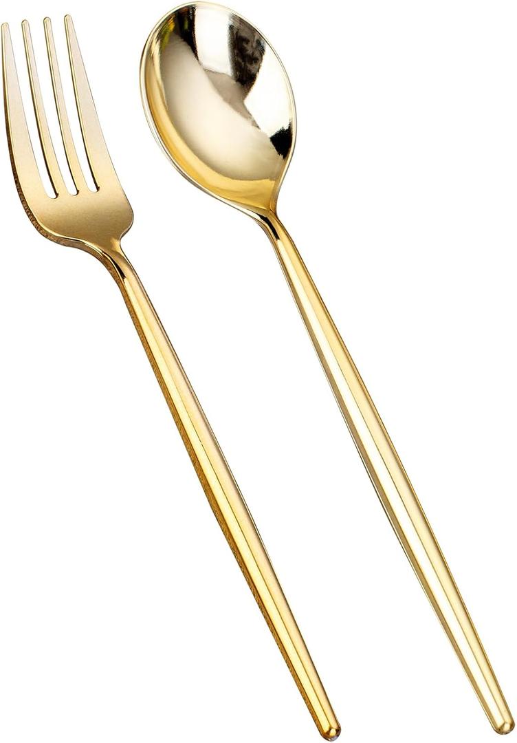 SUT 100PCS Gold Plastic Forks and Spoons Heavy Duty Set, Gold Disposable Silverware, Gold Cutlery, Gold Disposable Utensils, Plastic Flatware Includes 50 Forks, 50 Spoons for Party