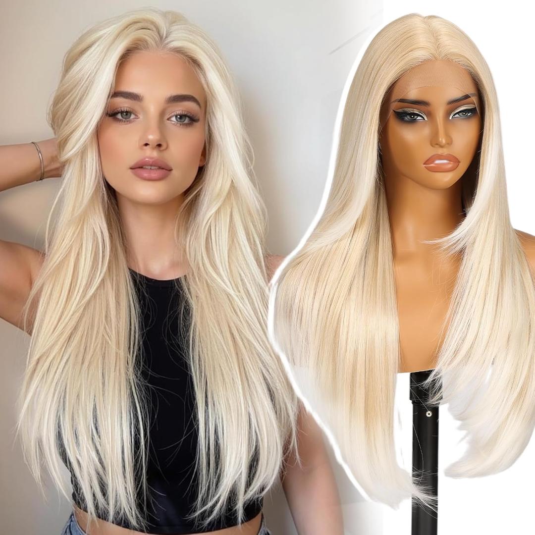 KOMEBeginner Friendly Wigs Blonde Synthetic Lace Front Wig,T Part Pre Cut Glueless Long Straight Layered Platinum Blonde Wigs for Women Cosplay Daily Use 26IN(#R10119)