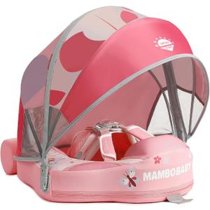 Mambobaby Float Add Tail No Flip Over Non-Inflatable Baby Swim Float Pearl Foam Solid Water Floats Smart Swim Trainer Infant Pool Float Swim Ring with Sun Canopy (3D pink)