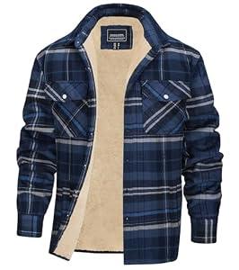 EKLENTSON Winter Jacket for Men Fleece Flannel Plaid Jacket Casual Stylish Camp Coat Thermal Sherpa Coats Blue Grey M