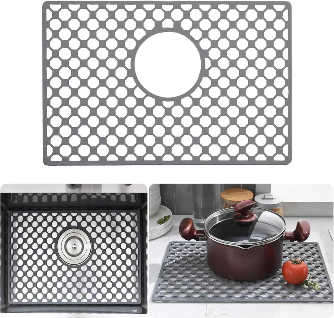 Silicone Sink Protectors for Kitchen Sink,17.6''x 11.6'' Silicone Sink Mats, Heat Resistant Non-Slip Foldable Small Kitchen Sinks Mat for Porcelain Stainless Steel Sinks with Rear Drain Hole (Gray)