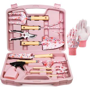Grenebo 12-Piece Womens Gardening Tools Gift Set, Rust-Proof & Heavy-Duty Garden Tools with Durable Carrying Case, Fashionable & Thoughtful Gardening Gifts for Women&Men (Pink)