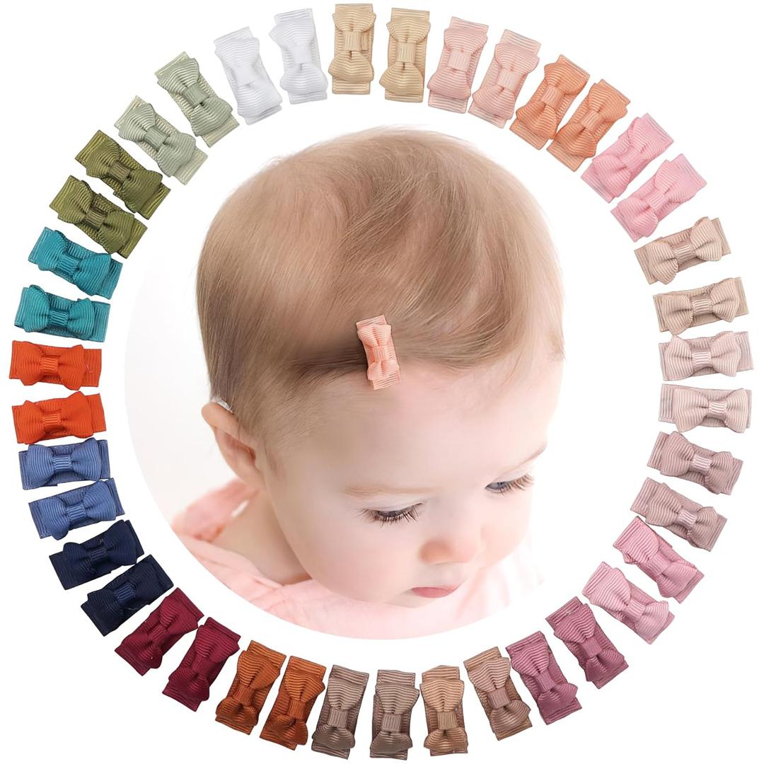 CLLOT 40pcs Mini 1.2" Grosgrain Ribbon Snap Clips - Tiny Fine Thin Hair Bows in Pairs for Baby Girls, Toddlers, and Infants