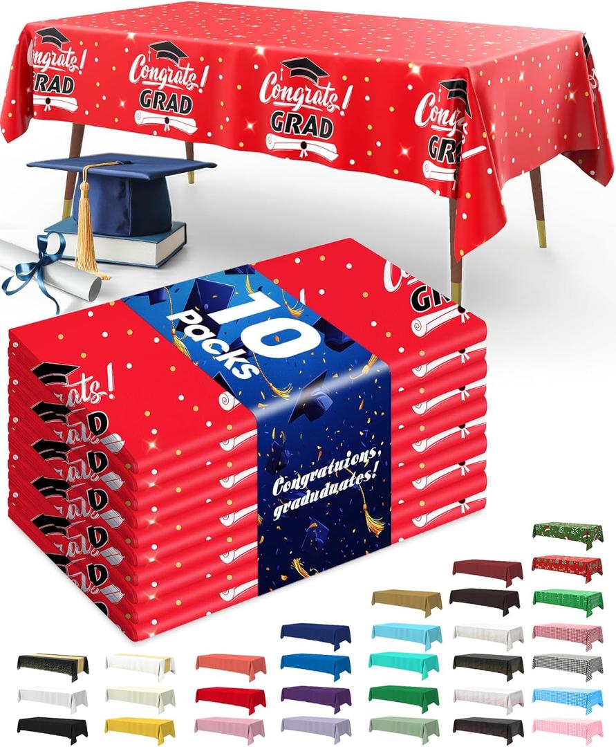 Pureegg Plastic Table Cloth Disposable 10 Pack, 54 x 108 Inch Table Cloths, Graduation Decorations 2025, Graduation Party Tablecloths, Rectangle, Plastic Cover, Leakproof & Sturdy, Graduation Red
