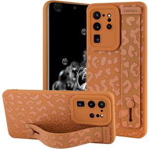 OOK Compatible with Samsung Galaxy S20 Ultra Case with Wrist Strap, Leopard Silicone Shockproof Protective Slim Anti-Scratch Cheetah Cover for Women Girls, Brown