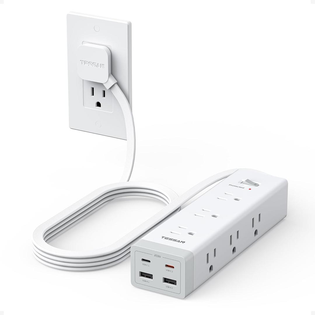 TESSAN Surge Protector Power Strip PD 20W, Ultra Thin Flat Plug 6 FT Extension Cord, 9 Outlets 4 USB(2 USB C), 1050J Protection Multiple Outlets Charging Station for Home, Office, College Dorm Room (White)