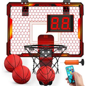 HYES Basketball Hoop Indoor, Mini Basket Ball Hoop with 7 LED Lighting, Scoreboard, Over Door Basketball Hoop with 3 Modes, Volume Adjustable, Foldable, Basketball Toys Gifts for Kids Adults (red- with remote controller)