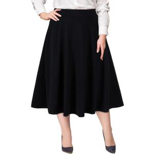 Moon Wood Women's Plus Size Midi Skirt High Elastic Waist A-Line Flared Skater Skirts with Pockets