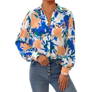 PRETTYGARDEN Women's Floral Blouses Dressy Casual V Neck Button Down Shirts Lantern Long Sleeve Boho Chiffon Fall Tops 2025 (L)