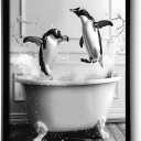 OIQArtOIQ Funny Bathroom Framed Wall Art Black and White Animal Canvas Wall Art Prints Penguin in Bathtub Pictures Wall Decor Modern Minimalist Humorous Artwork For Restroom
