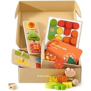 Tiny Land Montessori Toy Set for Babies 18-24 Months Investigator Play Kit- 4-in-1 Wooden Learning Toys with Color Sorting, Lacing Beads, Shape Matching, and Seasons Puzzles