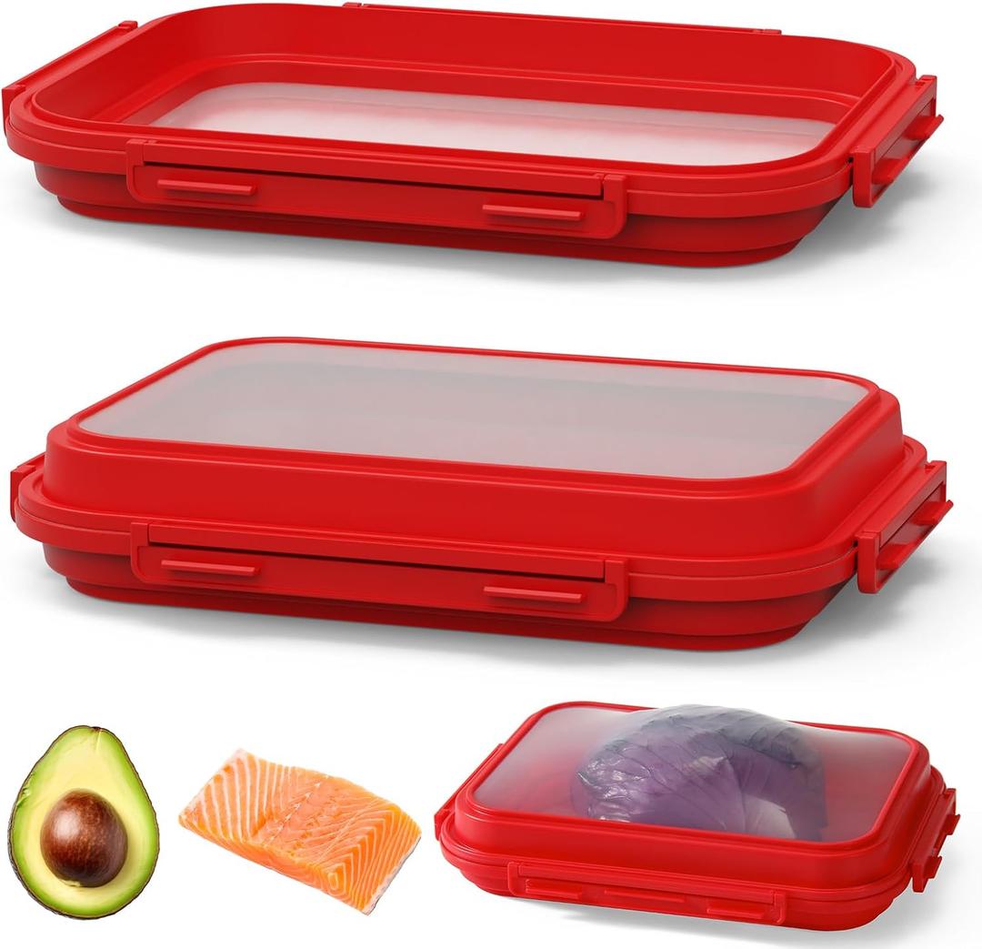 2 Pack Silicone Food Fresh-Keeping Storage Containers with Lid, Dual-Shape Design, BPA-Free, Leakproof Lock Clips, Versatile Fridge Storage Containers, Space Saving & Expandable (Red)