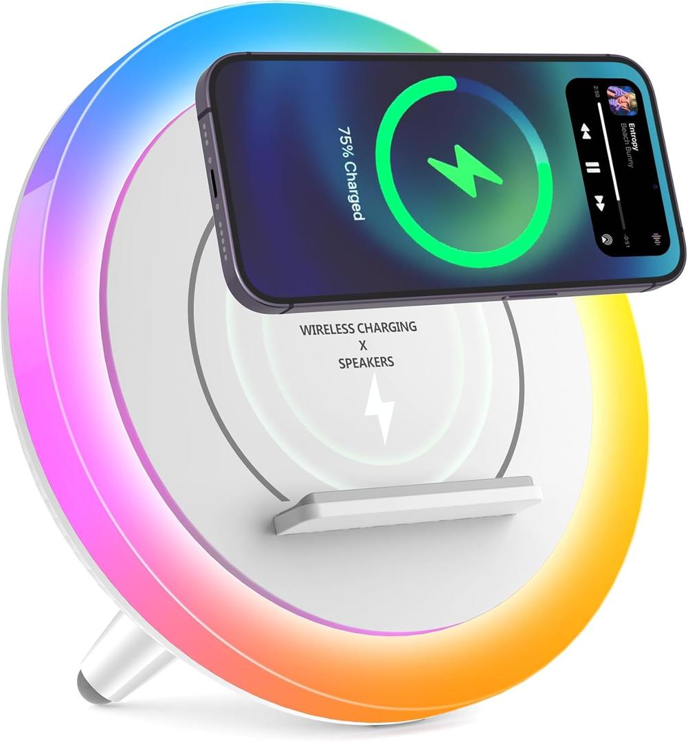 SIDVAR Bluetooth Speaker Night Lights, Wireless Charging Modern Speaker, Best Teenage Birthday Gift Ideas, Tween Girls Gifts/Please Use the Original Adapter（10W Wireless Charging）