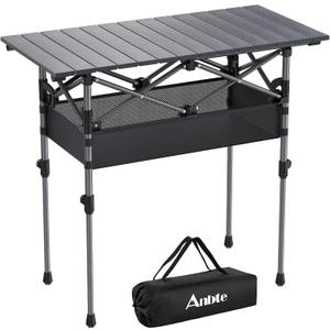 Anbte 3ft Aluminum Roll Top Camping Table, 2 Adjustable Height Camping Table Folding with Storage Net & Bag Lightweight Roll Up Table for Indoor Outdoor Backyard BBQ Patio Picnic, 32.2 x 16, Black