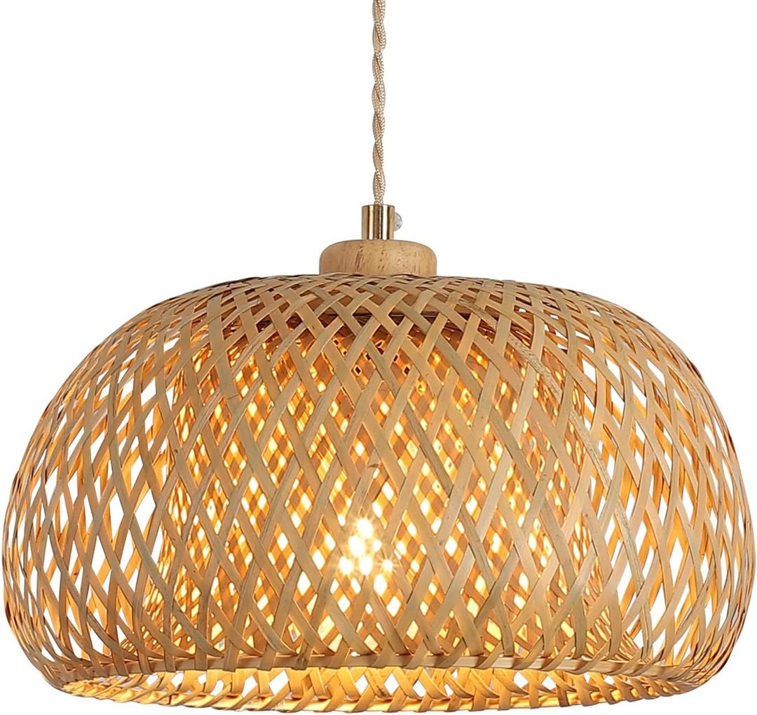 Bamboo Pendant Light Fixture One-Light Adjustable Boho Basket Handmade Woven Pendant Lighting for Kitchen Island Sink Farmhouse Dining Room (Natural-3)