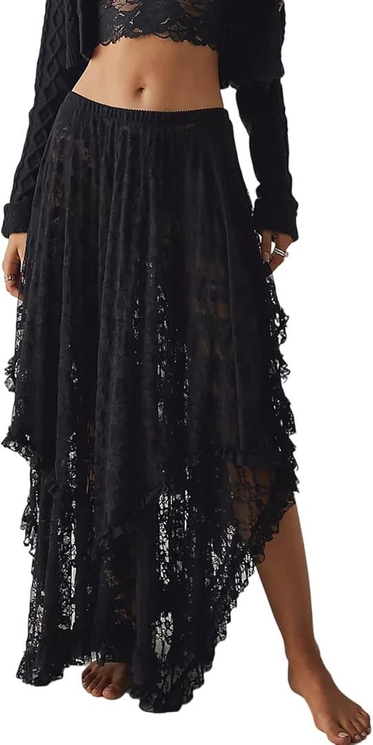 R.Vivimos Women Lace Long Skirts Summer Elastic Asymmetrical Layered Hem Sexy See-Through Beach Floral Maxi Skirts (Black)
