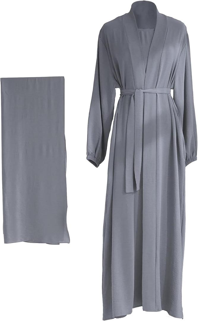 Women's Muslim Dress Two Pieces Set Islamic Prayer Abaya Modest Solid Color Muslim Outfits (Medium, Gray Abaya and Gray Hijab)