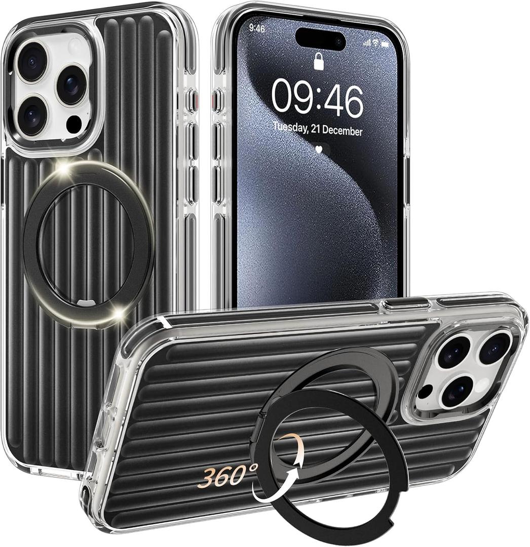 Phone Case Compatible with iPhone 15 Pro Max, with Magnetic Stand, Ring Kickstand, Compatible with Magsafe, Military Protection Black