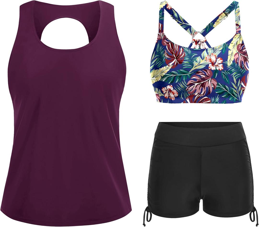 Yonique 3 Piece Womens Tankini Swimsuits with Shorts Athletic Bathing Suits Tank Tops with Bra and Boyshorts (XX-Large, Purple Floral)